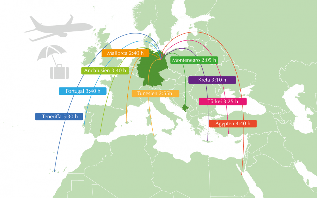 Eine Karte von Europa mit den Flugzeiten in südeuropäische Urlaubsziele